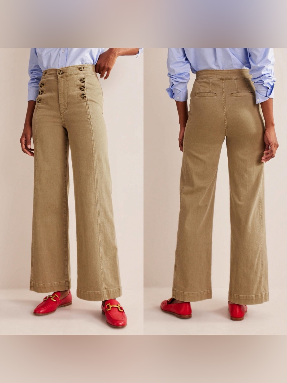 BODEN Sailor Wide Leg Trousers High Waisted Nautical Tan Size 4P Petite